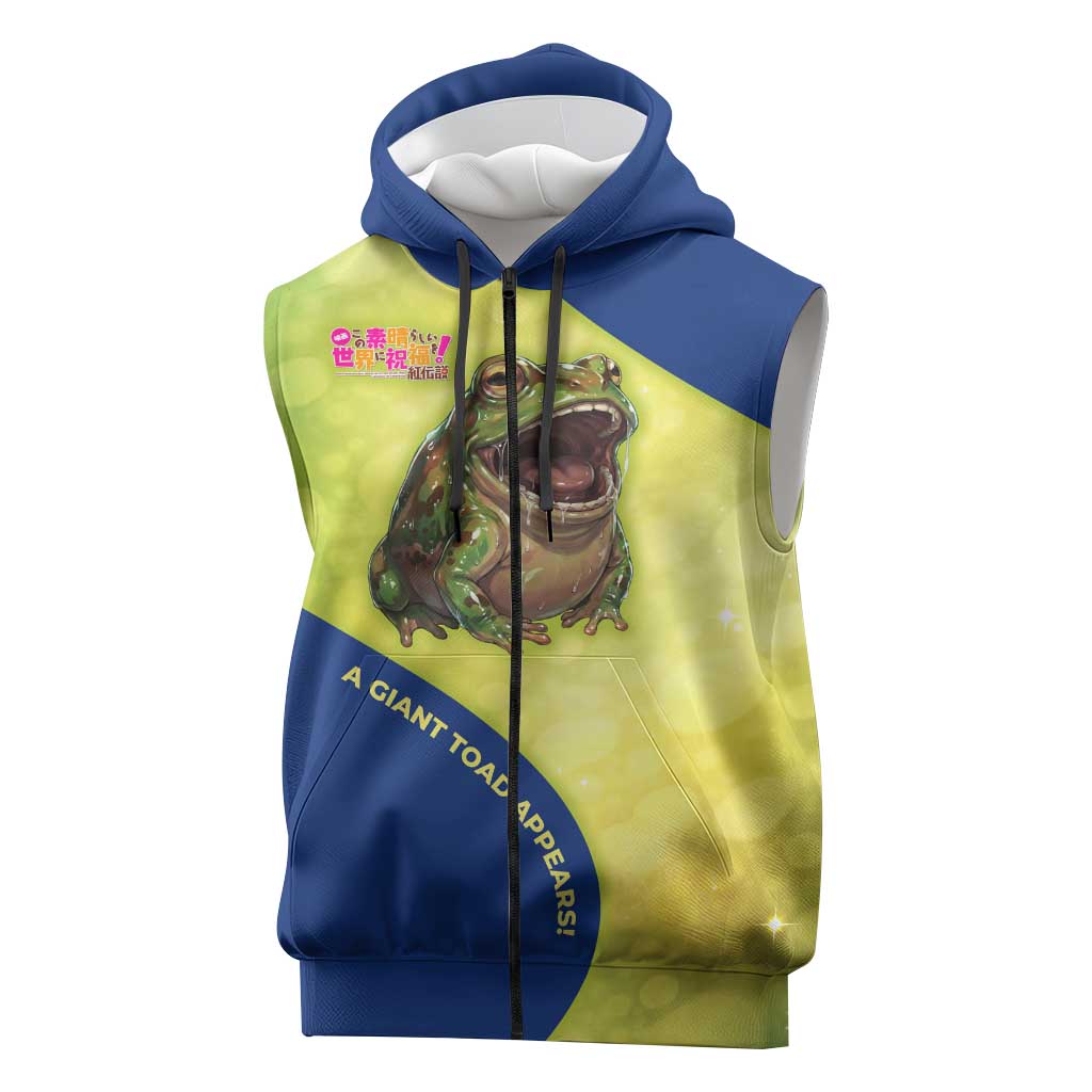 Giant Toad Encounter Sleeveless Zip Hoodie Comedic Fantasy Creature Art Style