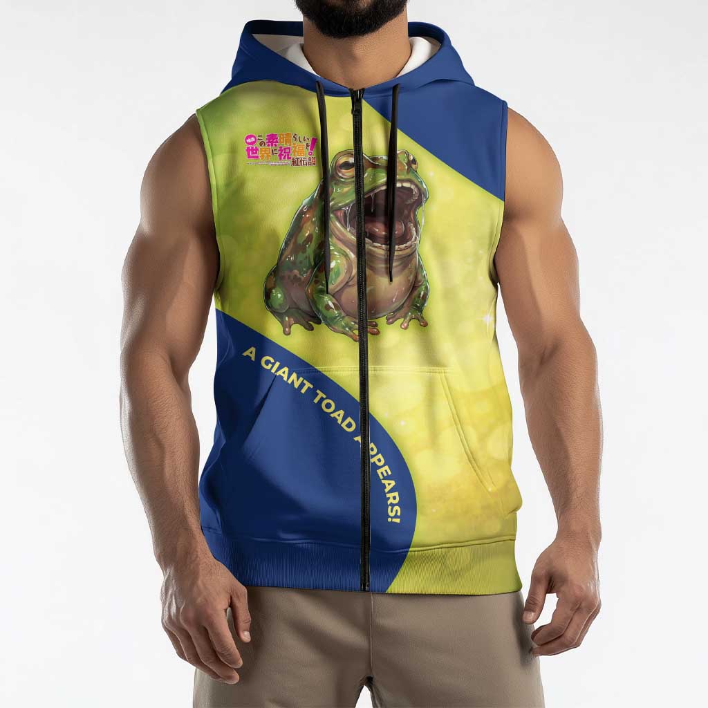 Giant Toad Encounter Sleeveless Zip Hoodie Comedic Fantasy Creature Art Style
