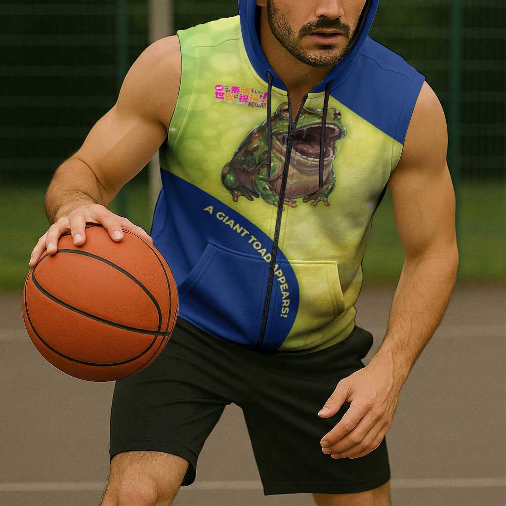 Giant Toad Encounter Sleeveless Zip Hoodie Comedic Fantasy Creature Art Style