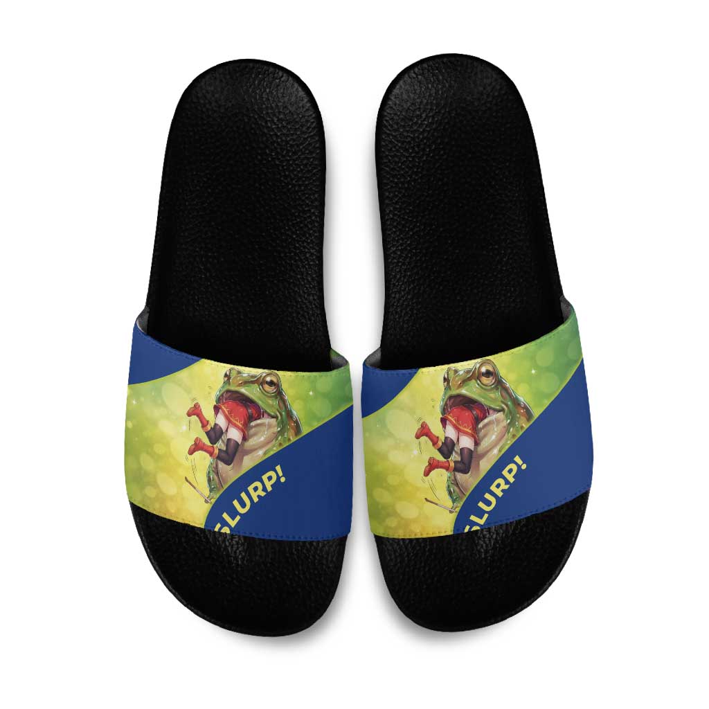 Giant Toad Encounter Slide Sandals Comedic Fantasy Creature Art Style