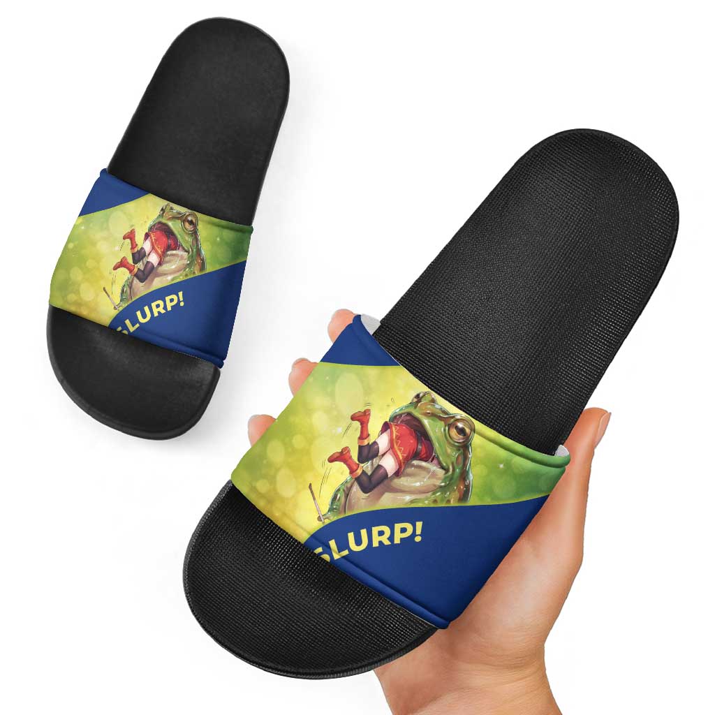 Giant Toad Encounter Slide Sandals Comedic Fantasy Creature Art Style
