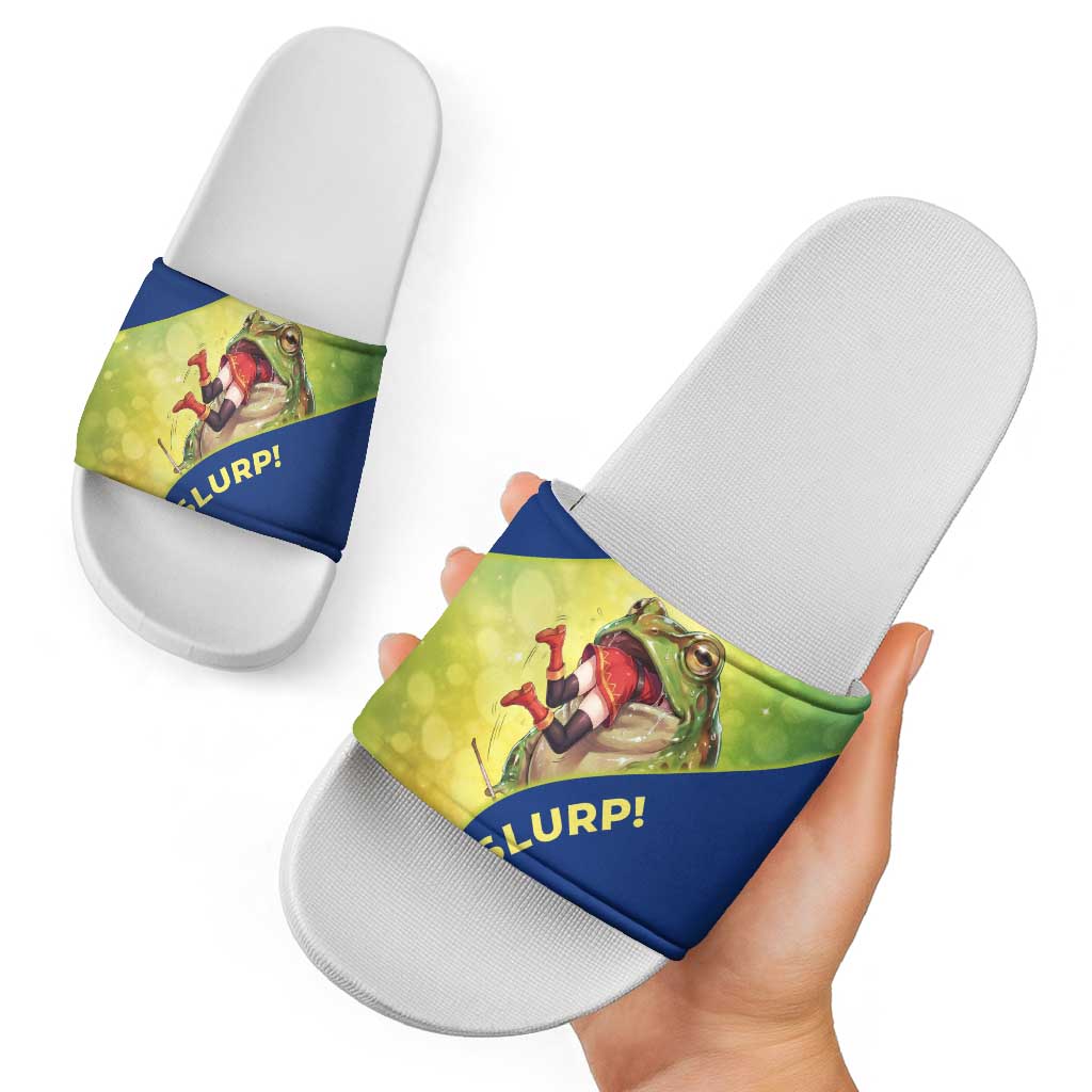 Giant Toad Encounter Slide Sandals Comedic Fantasy Creature Art Style