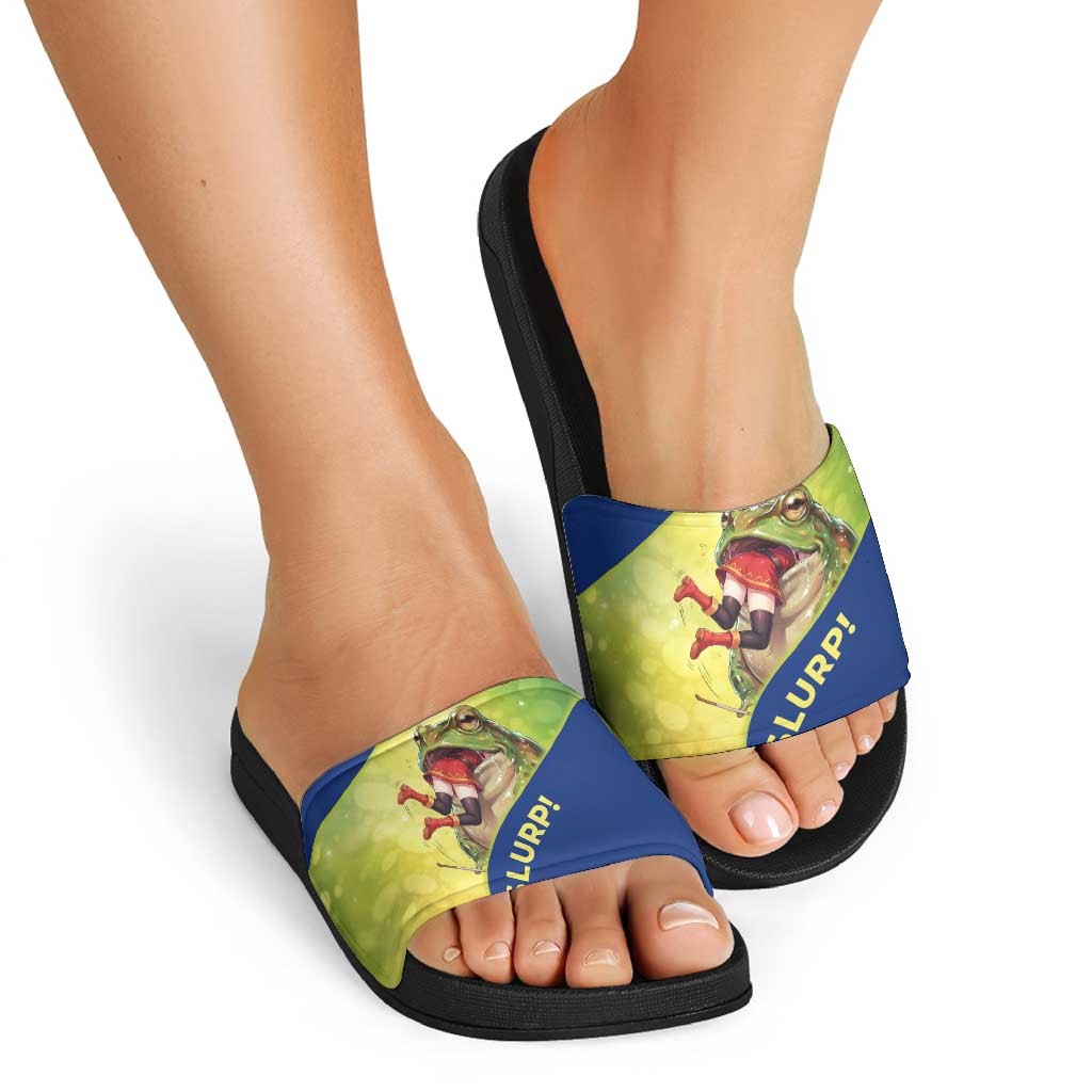 Giant Toad Encounter Slide Sandals Comedic Fantasy Creature Art Style