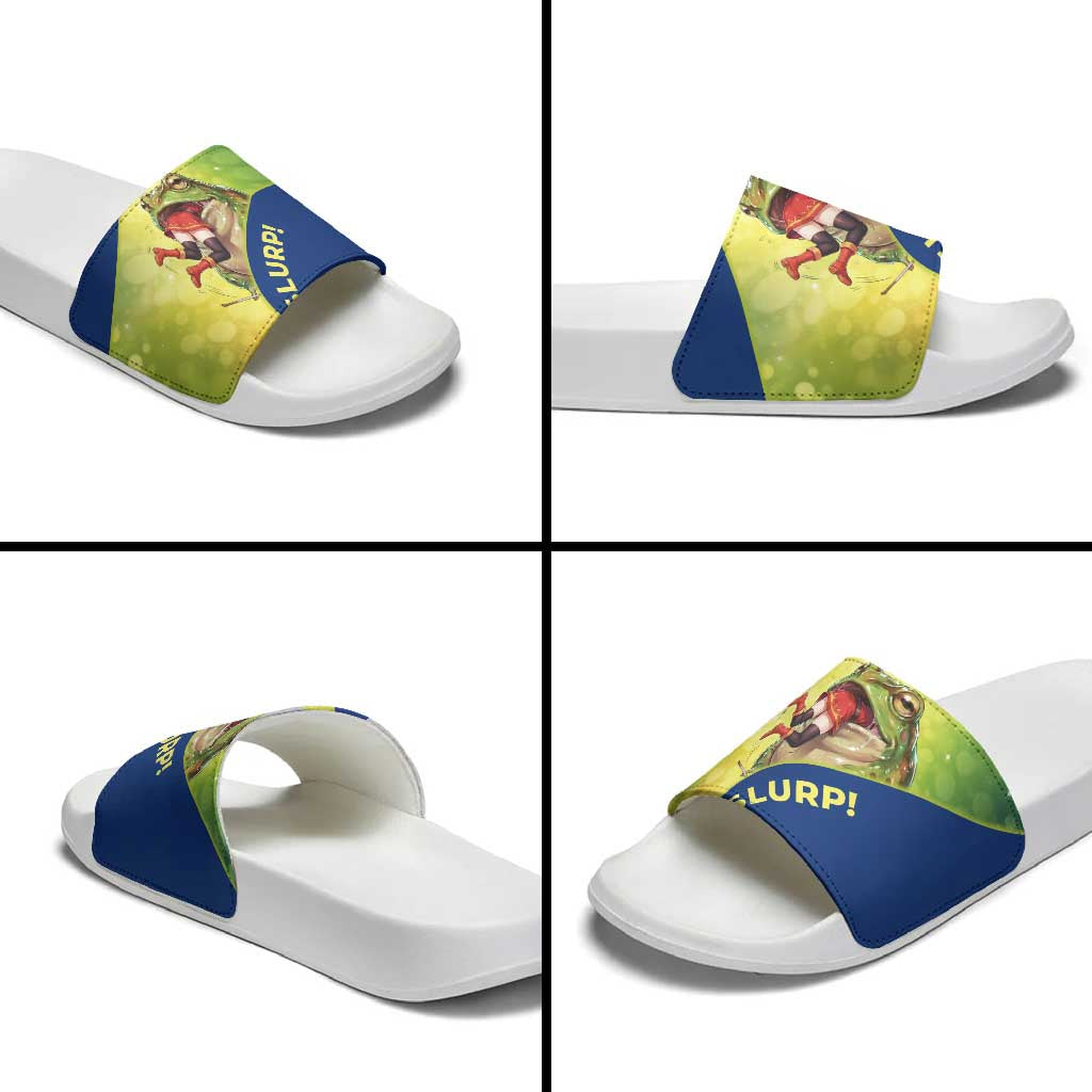 Giant Toad Encounter Slide Sandals Comedic Fantasy Creature Art Style