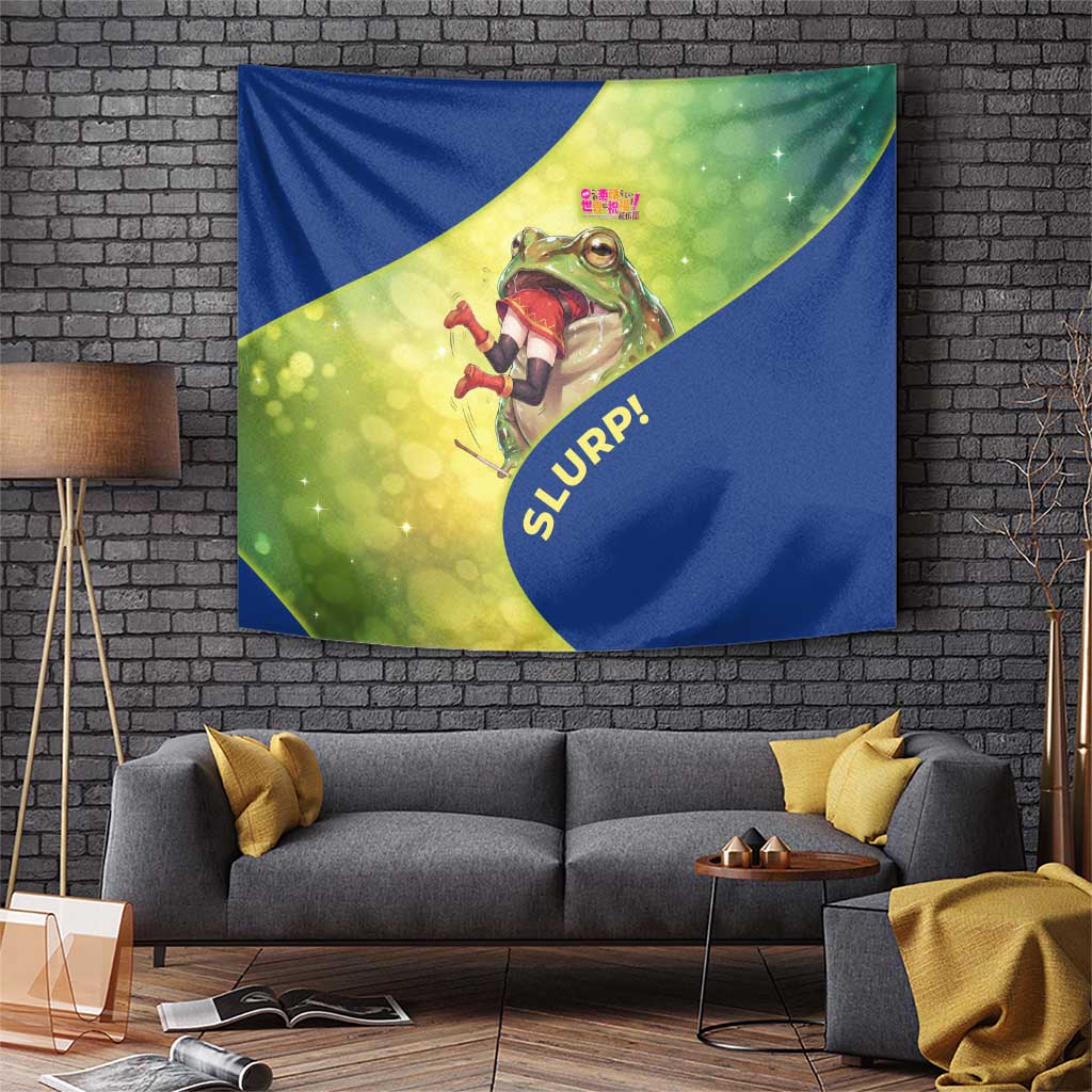 Giant Toad Encounter Tapestry Comedic Fantasy Creature Art Style