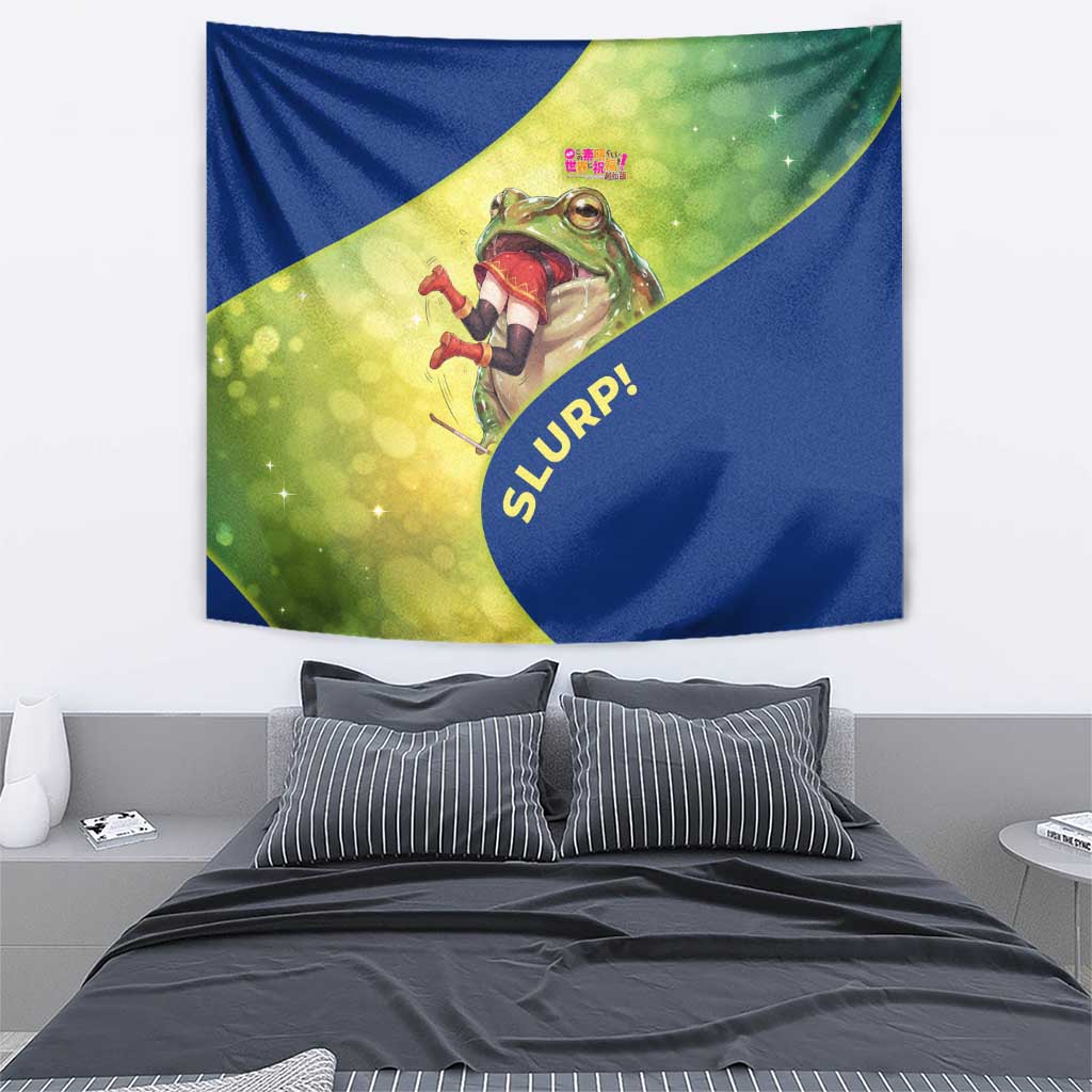 Giant Toad Encounter Tapestry Comedic Fantasy Creature Art Style