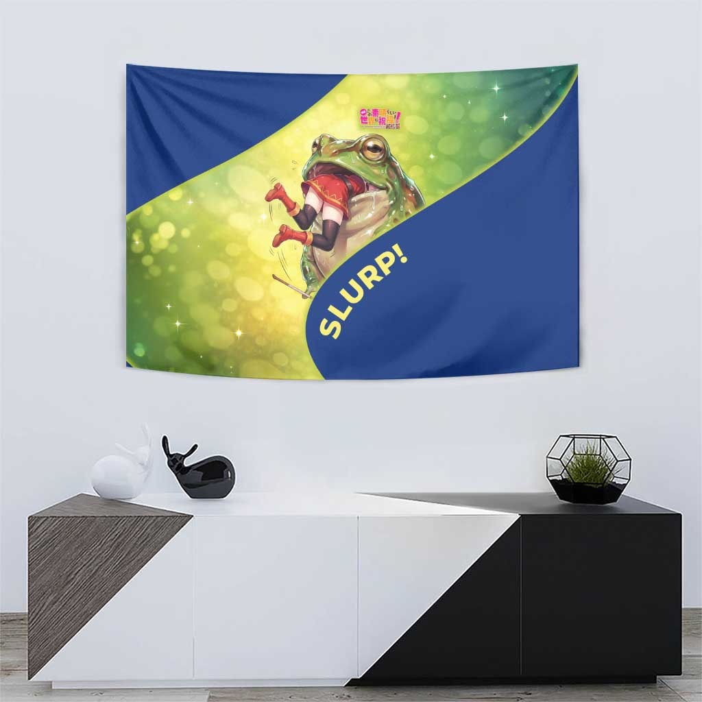 Giant Toad Encounter Tapestry Comedic Fantasy Creature Art Style
