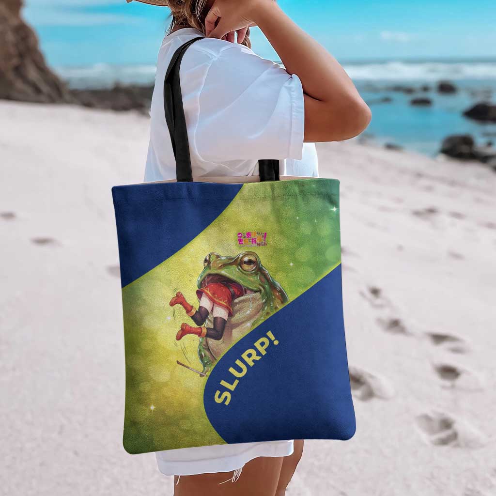 Giant Toad Encounter Tote Bag Comedic Fantasy Creature Art Style