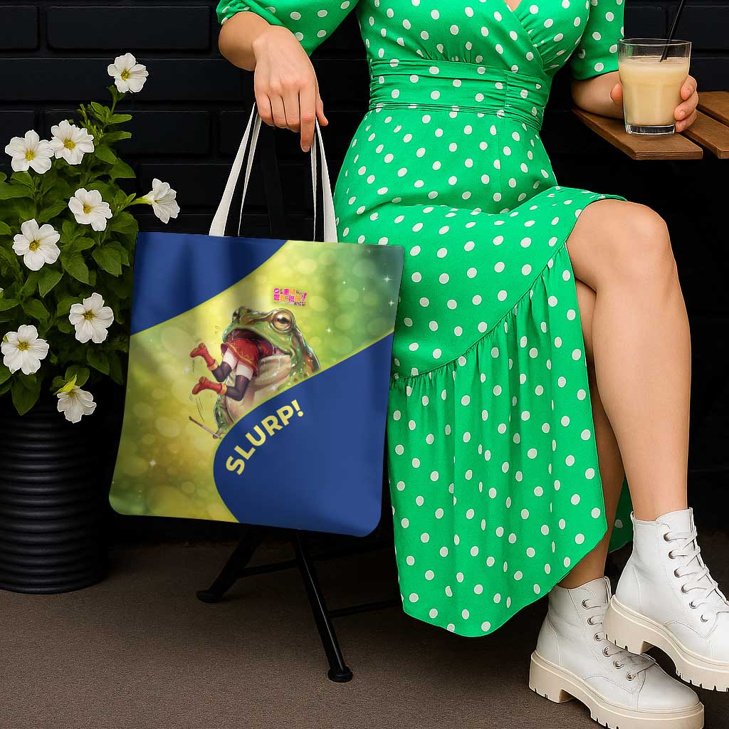 Giant Toad Encounter Tote Bag Comedic Fantasy Creature Art Style