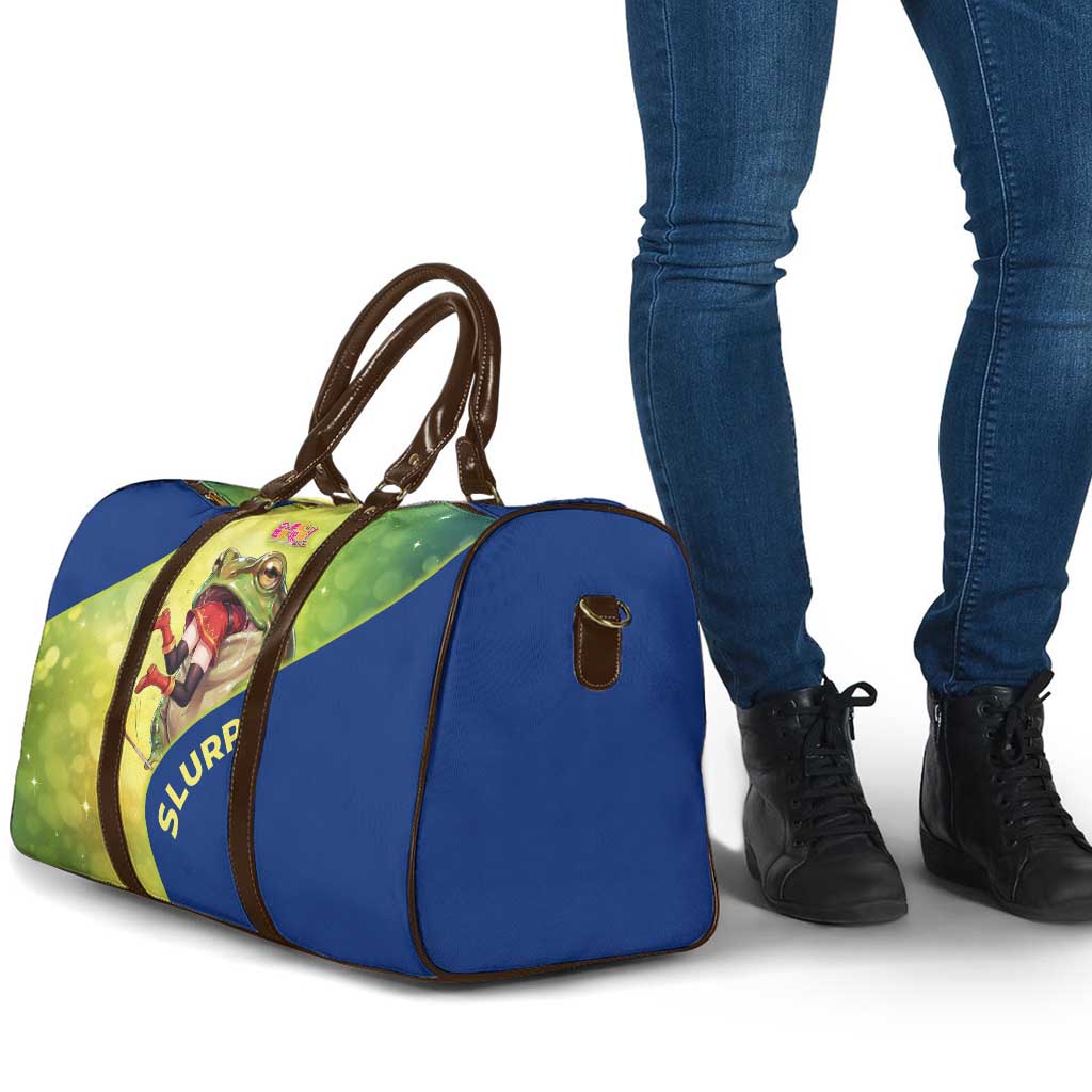 Giant Toad Encounter Travel Bag Comedic Fantasy Creature Art Style