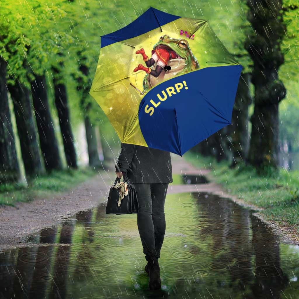 Giant Toad Encounter Umbrella Comedic Fantasy Creature Art Style