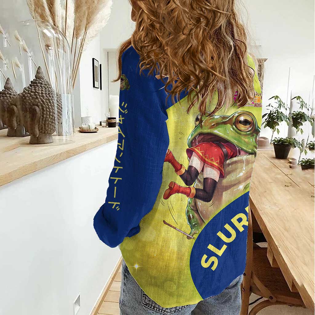 Giant Toad Encounter Women Casual Shirt Comedic Fantasy Creature Art Style