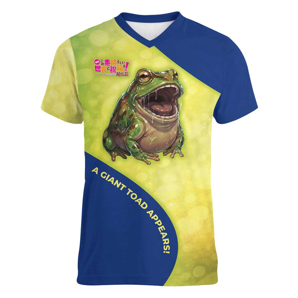 Giant Toad Encounter Women V-Neck T-Shirt Comedic Fantasy Creature Art Style