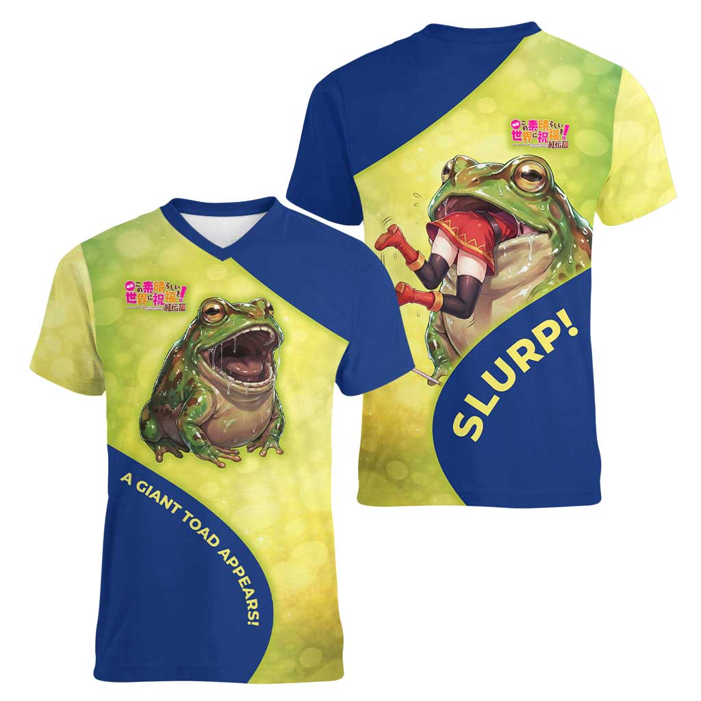 Giant Toad Encounter Women V-Neck T-Shirt Comedic Fantasy Creature Art Style