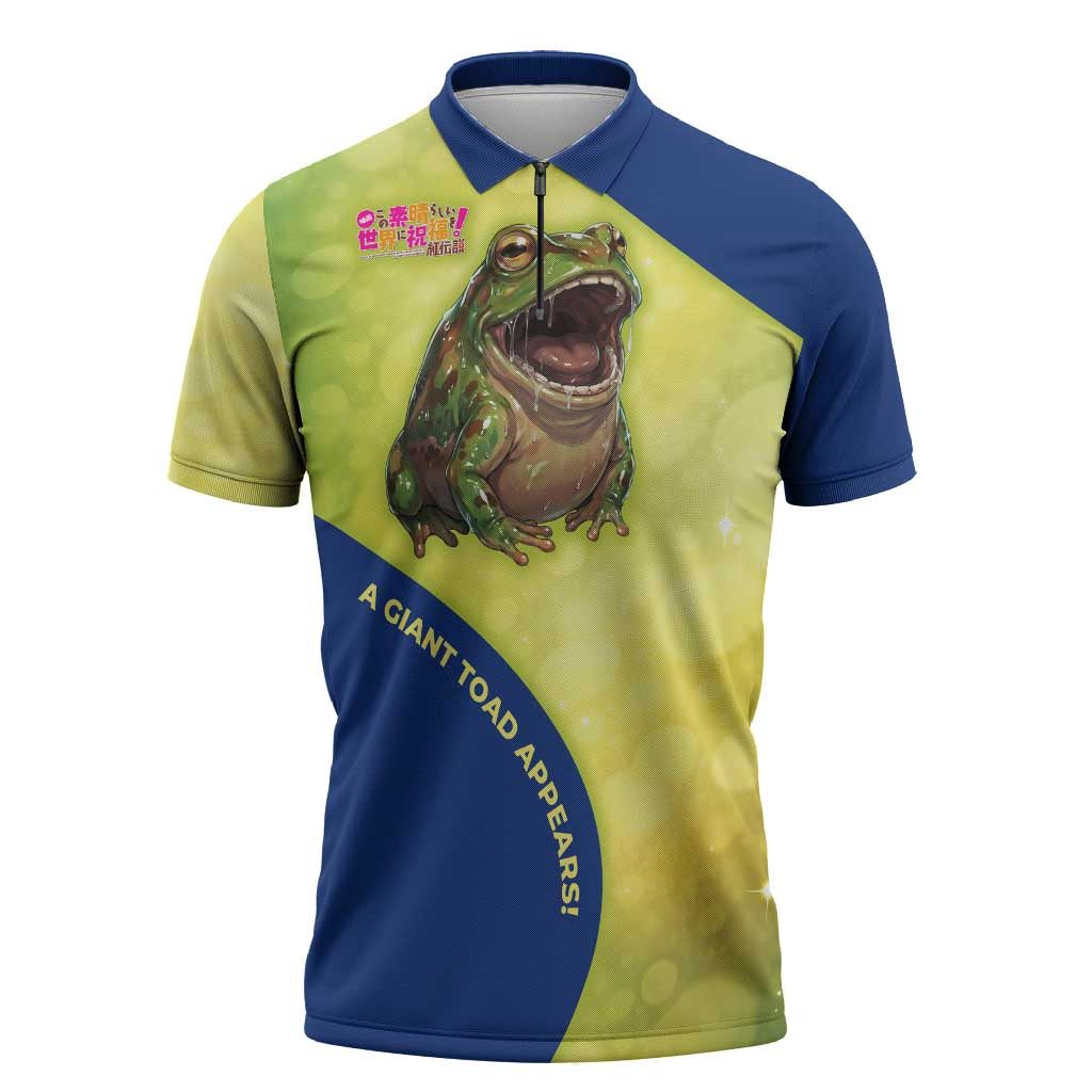 Giant Toad Encounter Zipper Polo Shirt Comedic Fantasy Creature Art Style