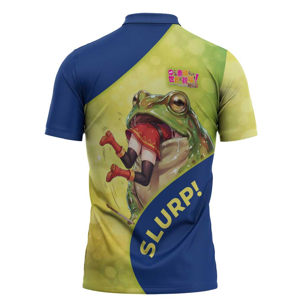Giant Toad Encounter Zipper Polo Shirt Comedic Fantasy Creature Art Style