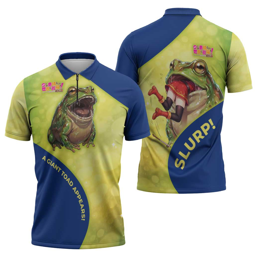 Giant Toad Encounter Zipper Polo Shirt Comedic Fantasy Creature Art Style