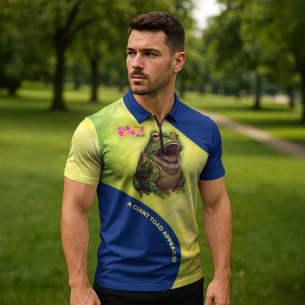 Giant Toad Encounter Zipper Polo Shirt Comedic Fantasy Creature Art Style