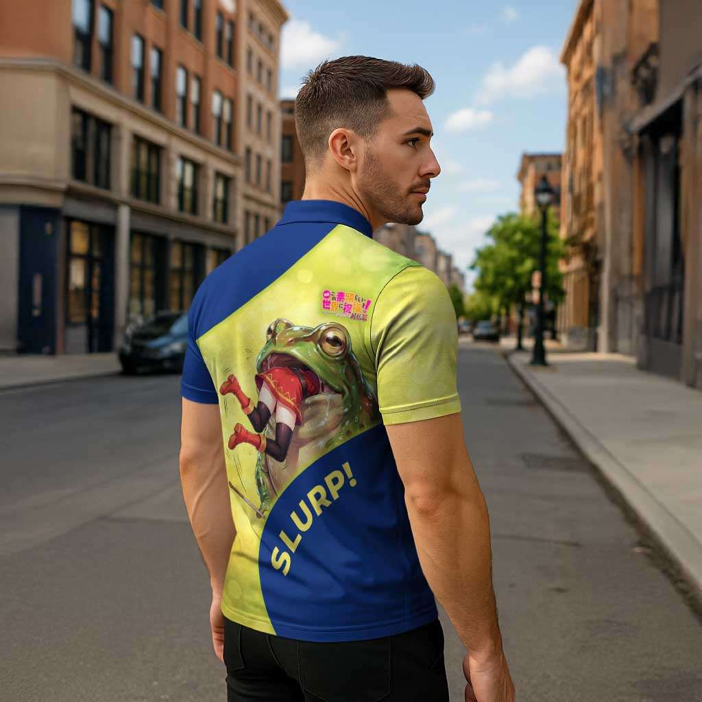 Giant Toad Encounter Zipper Polo Shirt Comedic Fantasy Creature Art Style