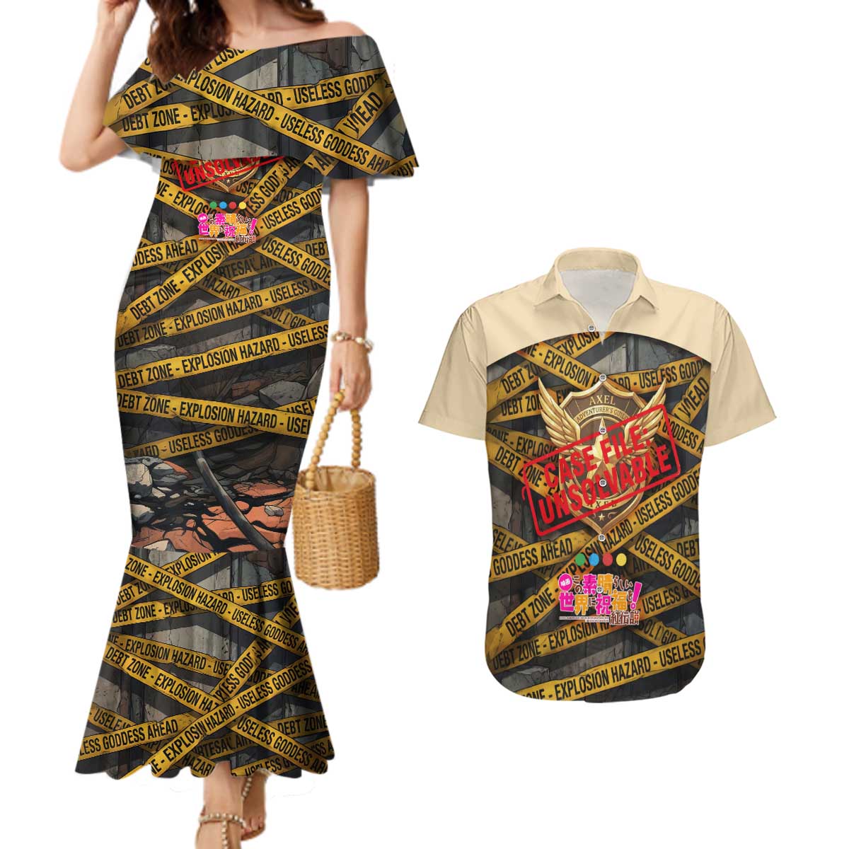 Axel’s Disasters Case File Couples Matching Mermaid Dress and Hawaiian Shirt Comic Poster Parody Style