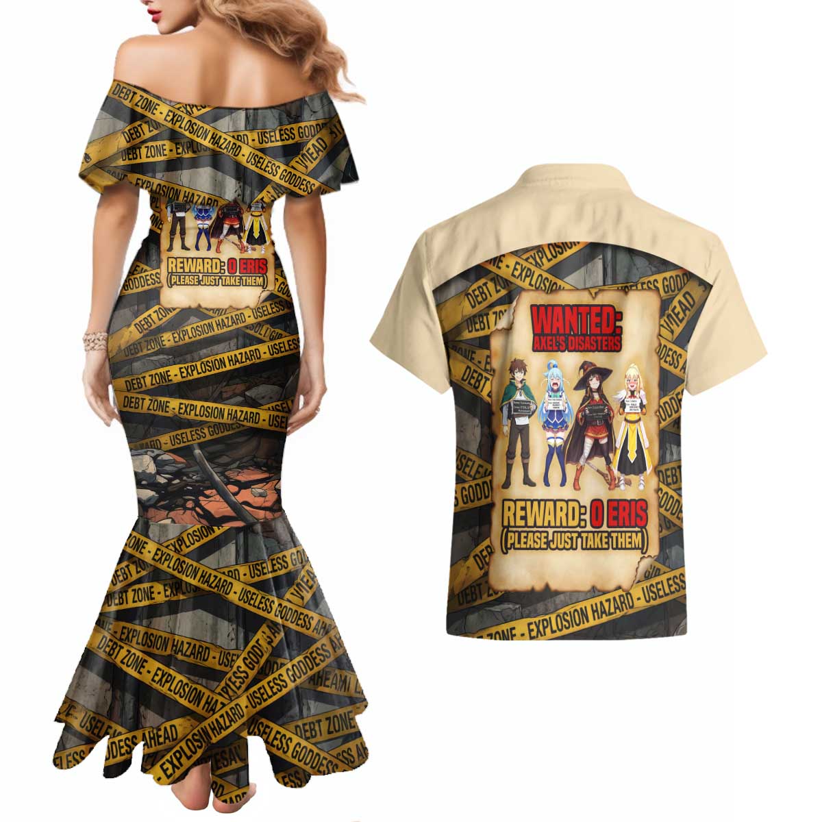 Axel’s Disasters Case File Couples Matching Mermaid Dress and Hawaiian Shirt Comic Poster Parody Style