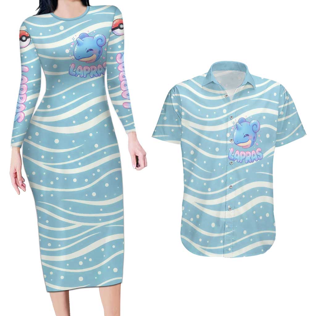 Lapras Couples Matching Long Sleeve Bodycon Dress and Hawaiian Shirt Pastel Ocean Waves Kawaii Art