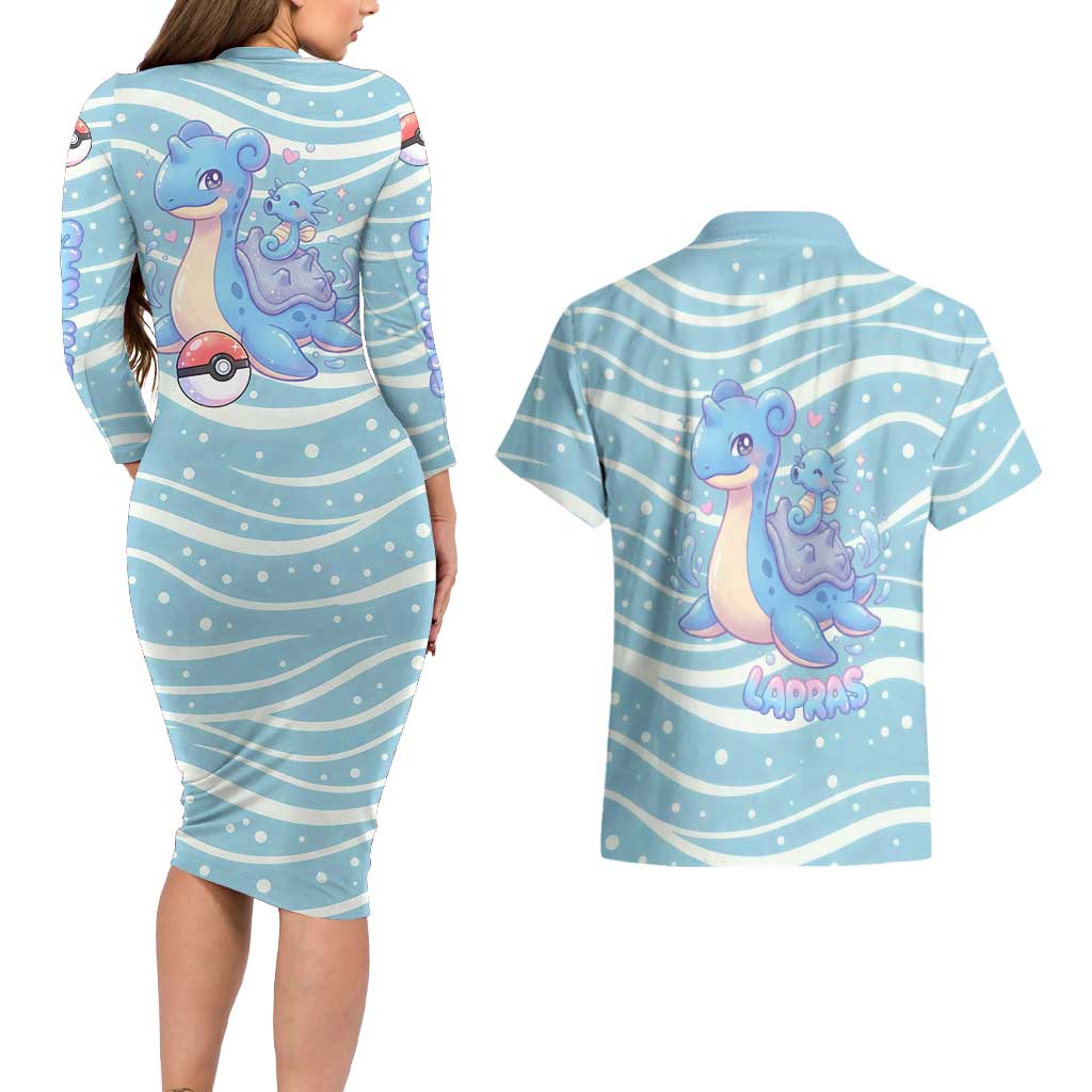 Lapras Couples Matching Long Sleeve Bodycon Dress and Hawaiian Shirt Pastel Ocean Waves Kawaii Art