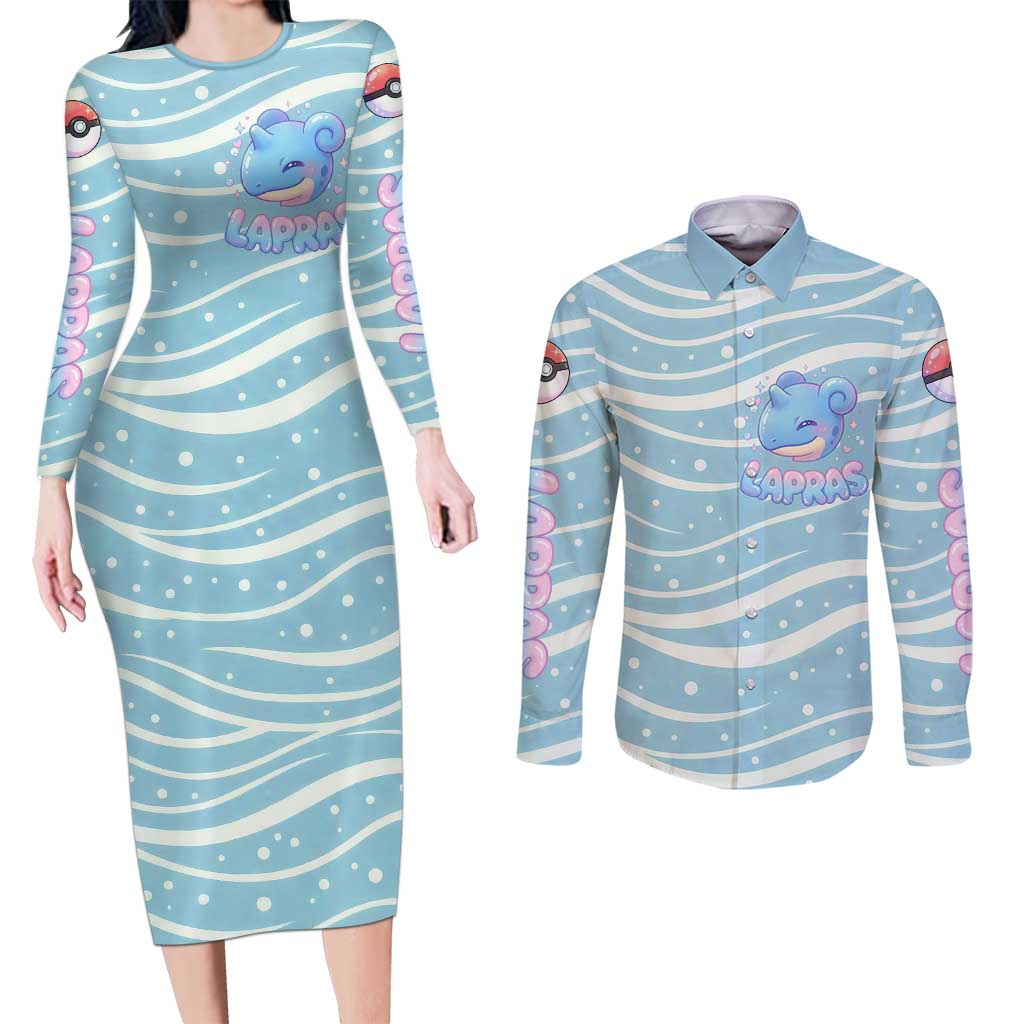 Lapras Couples Matching Long Sleeve Bodycon Dress and Long Sleeve Button Shirt Pastel Ocean Waves Kawaii Art