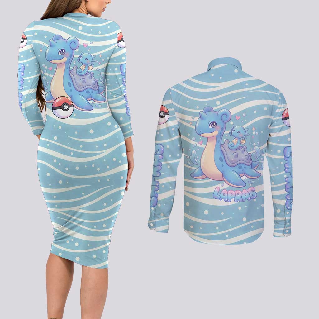Lapras Couples Matching Long Sleeve Bodycon Dress and Long Sleeve Button Shirt Pastel Ocean Waves Kawaii Art