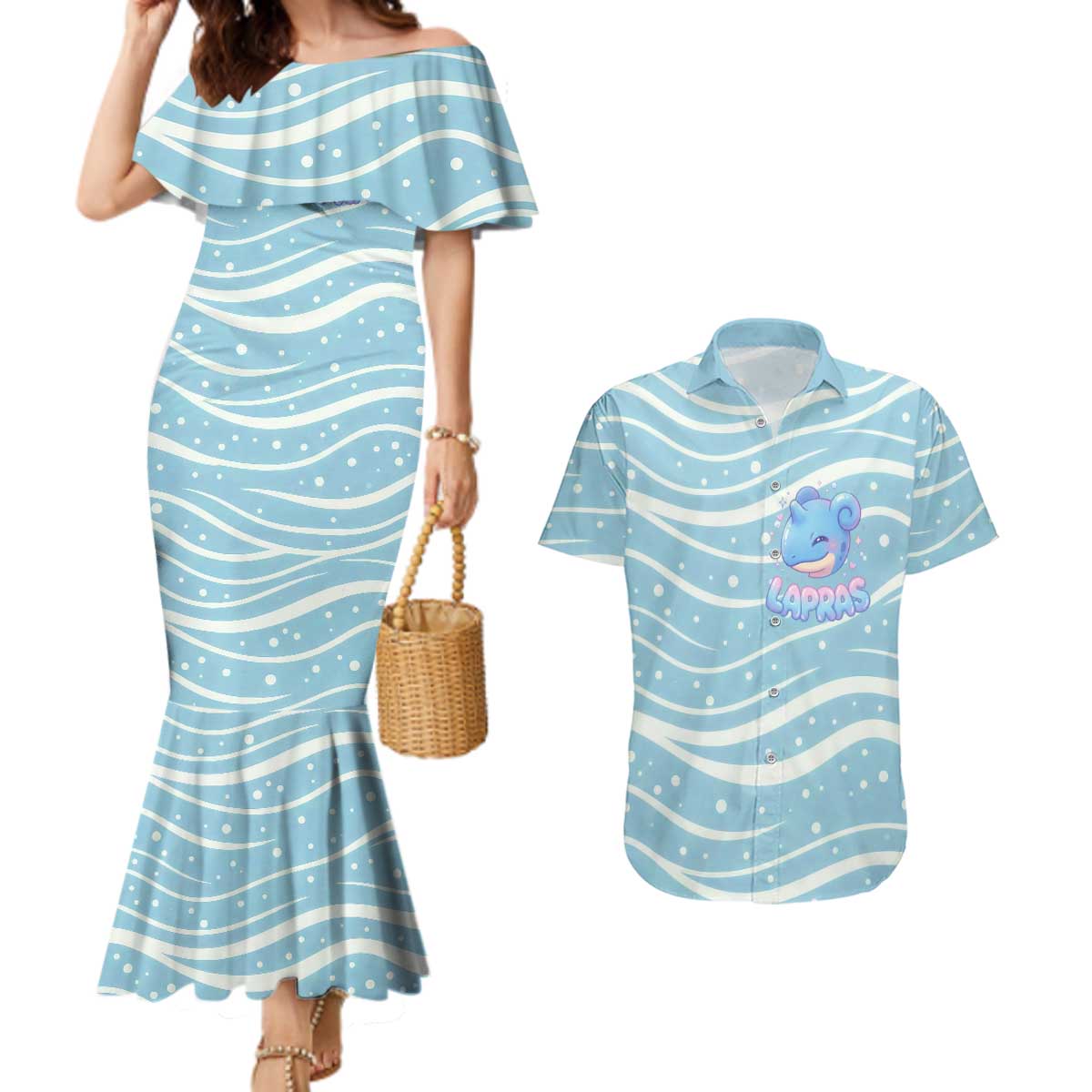 Lapras Couples Matching Mermaid Dress and Hawaiian Shirt Pastel Ocean Waves Kawaii Art