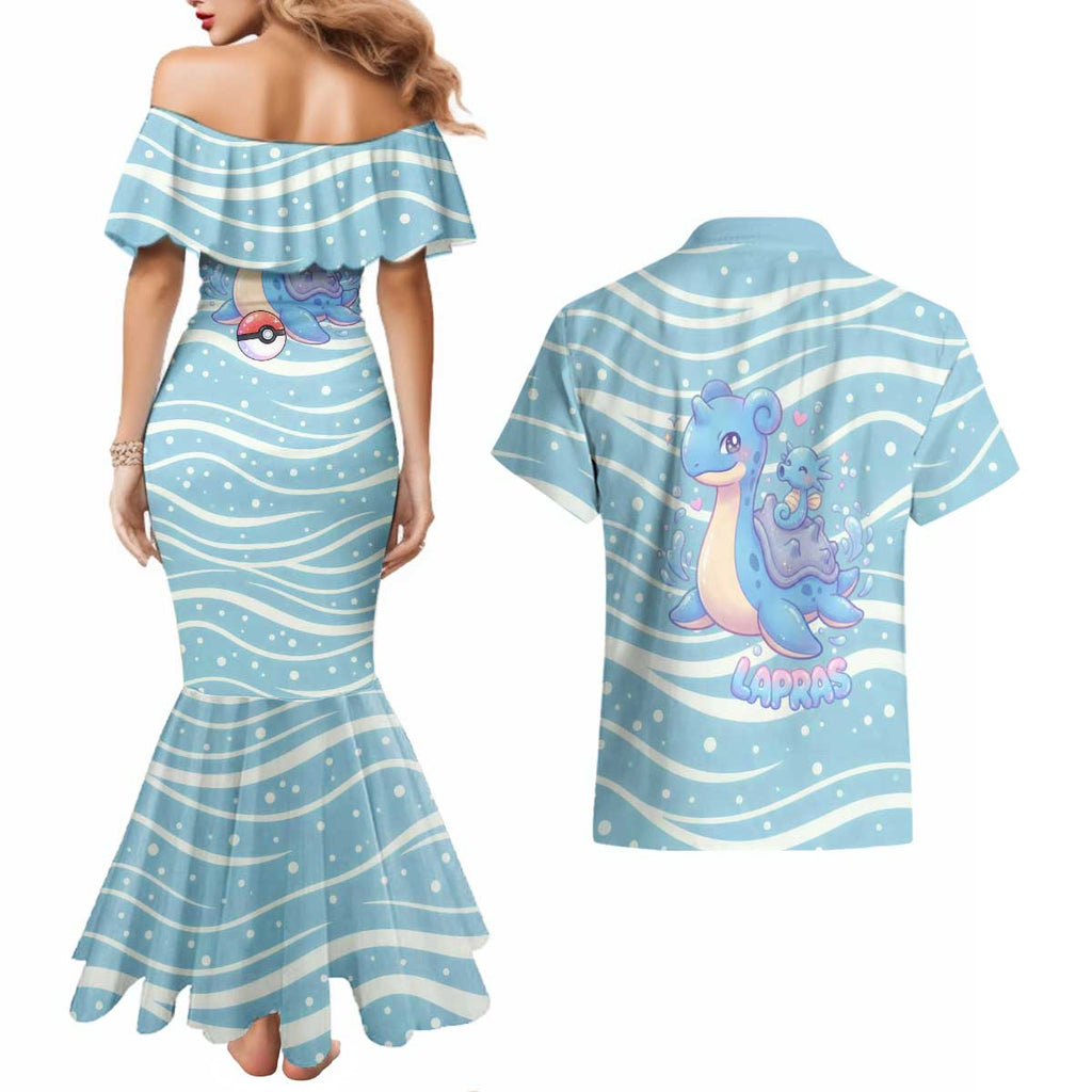 Lapras Couples Matching Mermaid Dress and Hawaiian Shirt Pastel Ocean Waves Kawaii Art