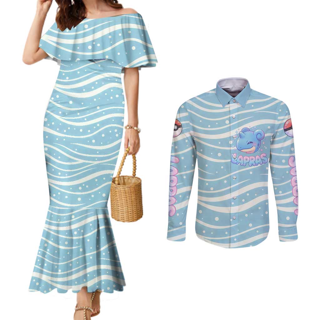 Lapras Couples Matching Mermaid Dress and Long Sleeve Button Shirt Pastel Ocean Waves Kawaii Art