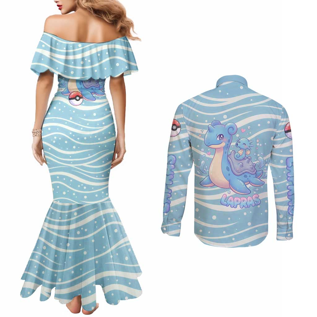 Lapras Couples Matching Mermaid Dress and Long Sleeve Button Shirt Pastel Ocean Waves Kawaii Art