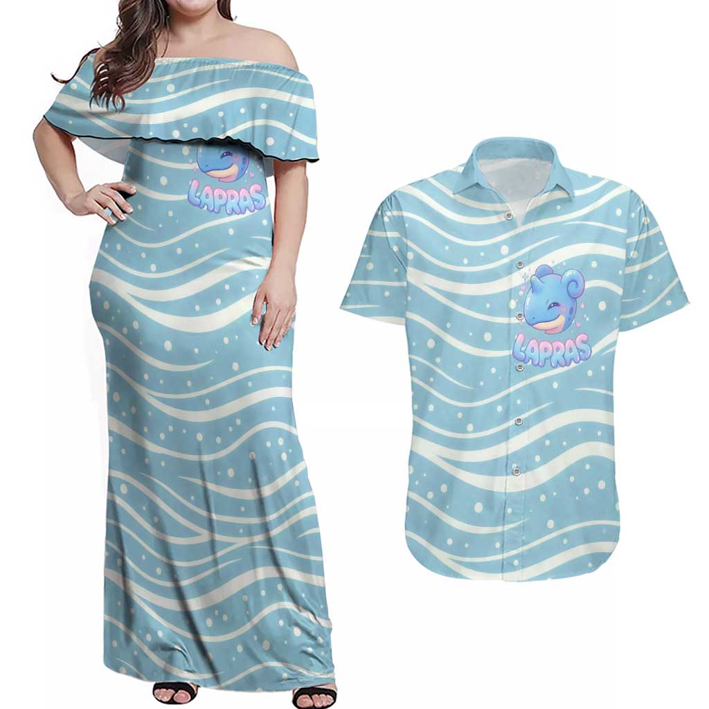 Lapras Couples Matching Off Shoulder Maxi Dress and Hawaiian Shirt Pastel Ocean Waves Kawaii Art