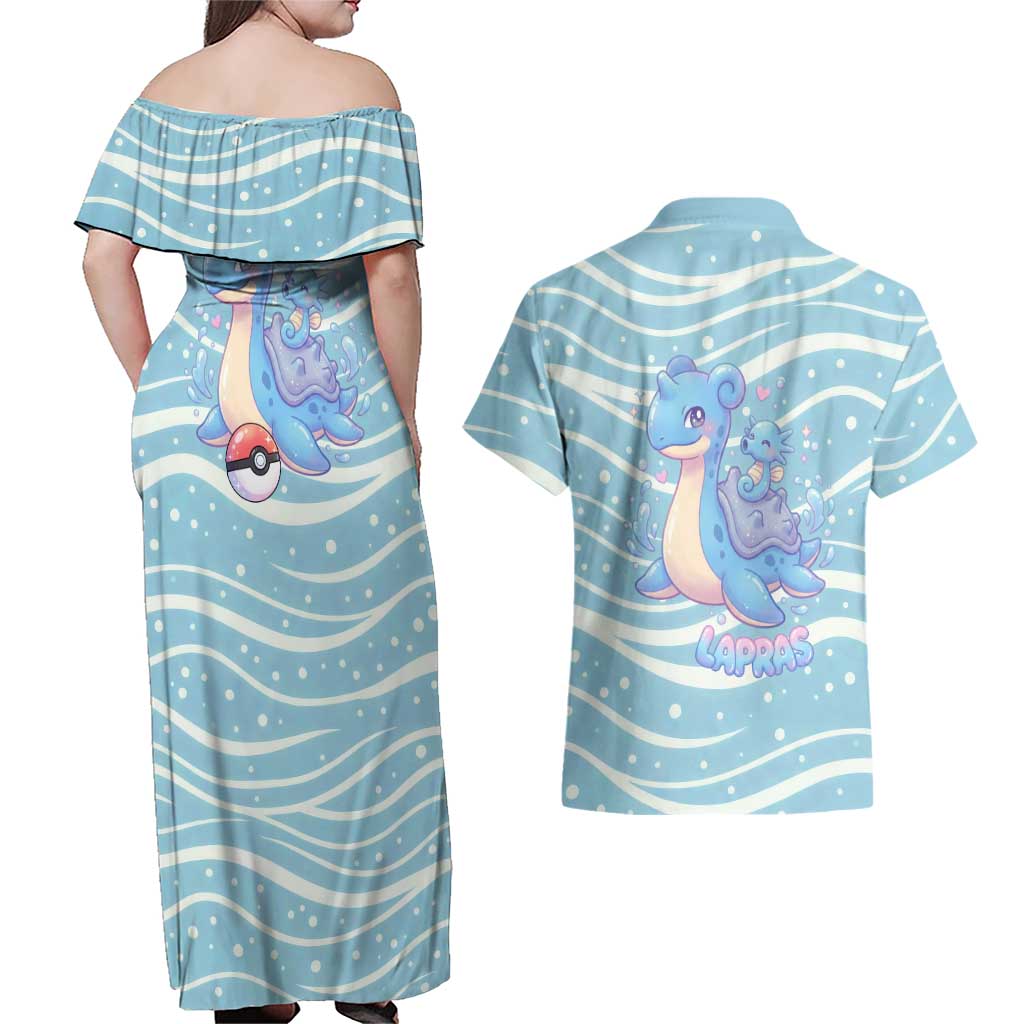 Lapras Couples Matching Off Shoulder Maxi Dress and Hawaiian Shirt Pastel Ocean Waves Kawaii Art
