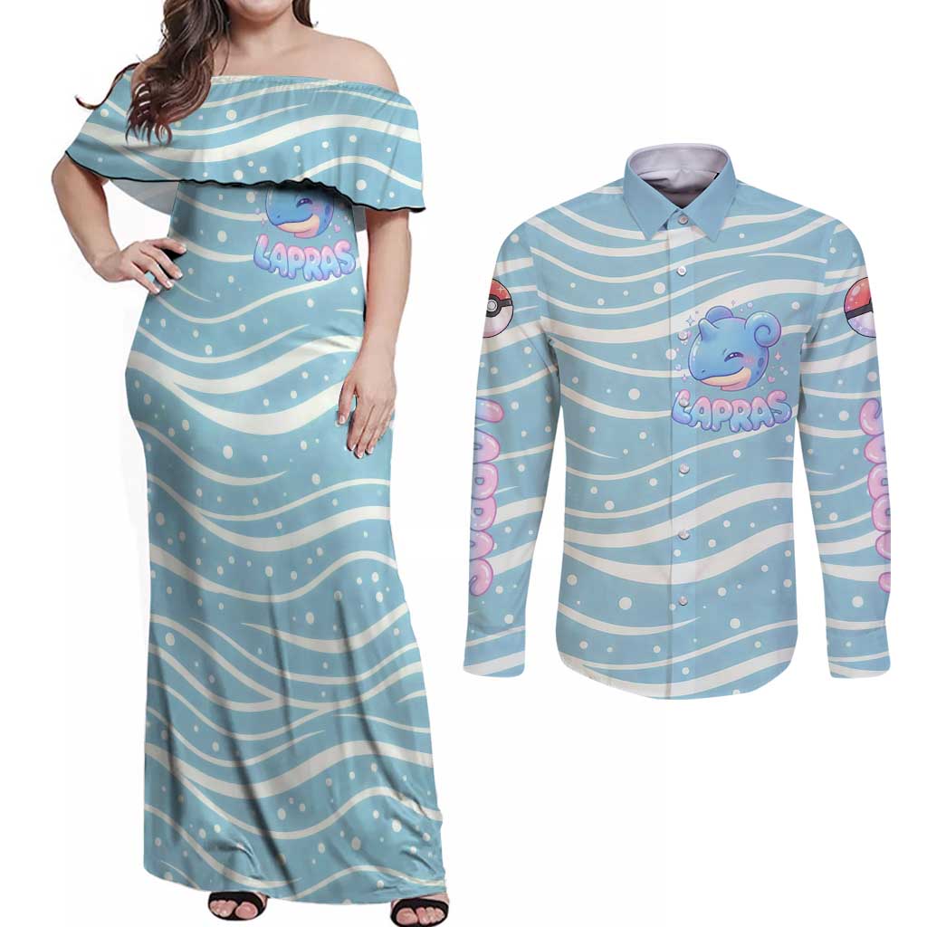 Lapras Couples Matching Off Shoulder Maxi Dress and Long Sleeve Button Shirt Pastel Ocean Waves Kawaii Art