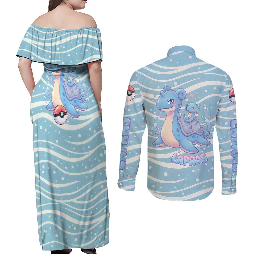 Lapras Couples Matching Off Shoulder Maxi Dress and Long Sleeve Button Shirt Pastel Ocean Waves Kawaii Art