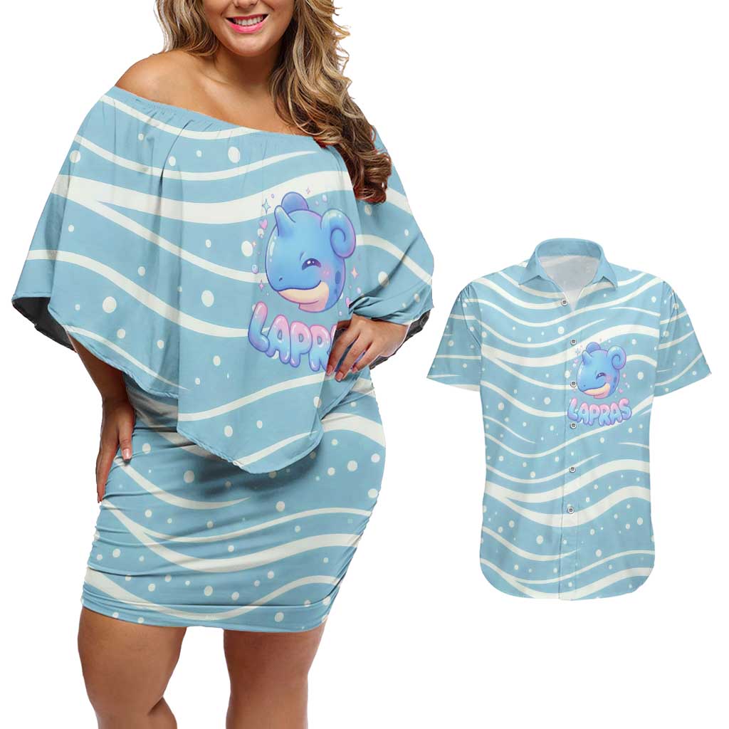 Lapras Couples Matching Off Shoulder Short Dress and Hawaiian Shirt Pastel Ocean Waves Kawaii Art