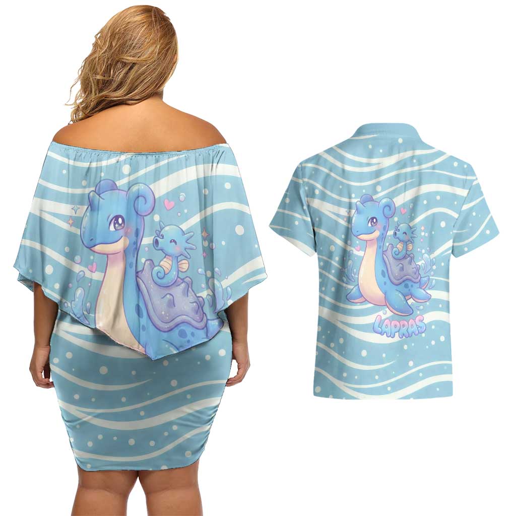 Lapras Couples Matching Off Shoulder Short Dress and Hawaiian Shirt Pastel Ocean Waves Kawaii Art