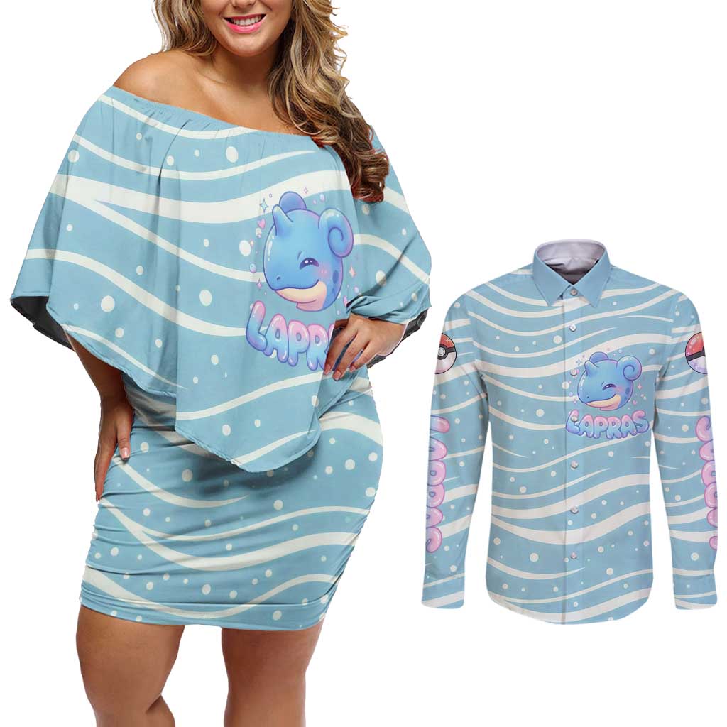 Lapras Couples Matching Off Shoulder Short Dress and Long Sleeve Button Shirt Pastel Ocean Waves Kawaii Art