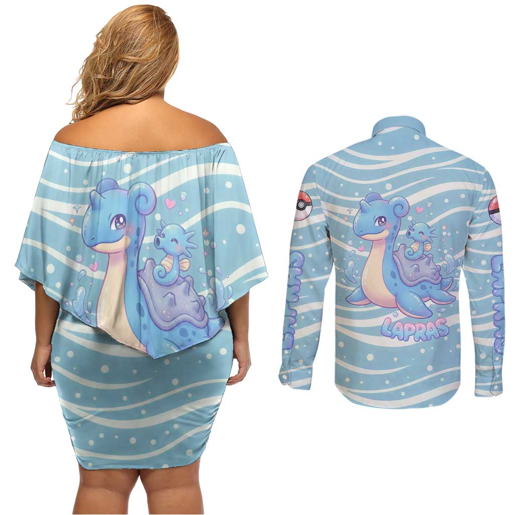 Lapras Couples Matching Off Shoulder Short Dress and Long Sleeve Button Shirt Pastel Ocean Waves Kawaii Art