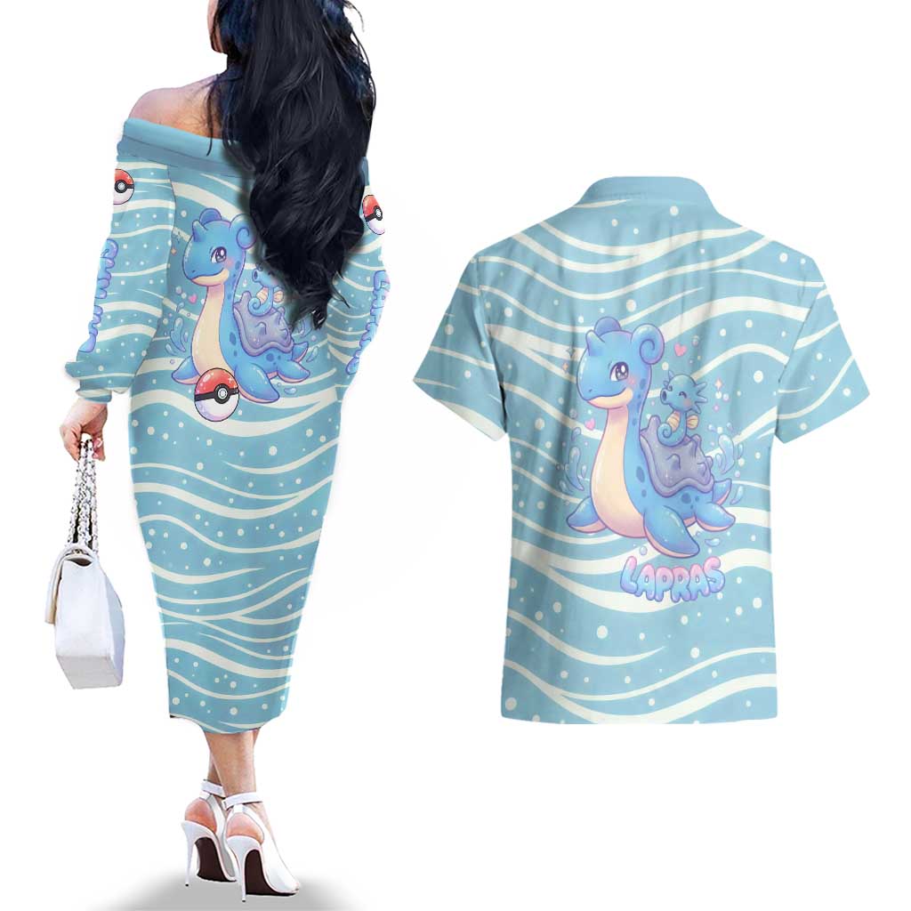 Lapras Couples Matching Off The Shoulder Long Sleeve Dress and Hawaiian Shirt Pastel Ocean Waves Kawaii Art