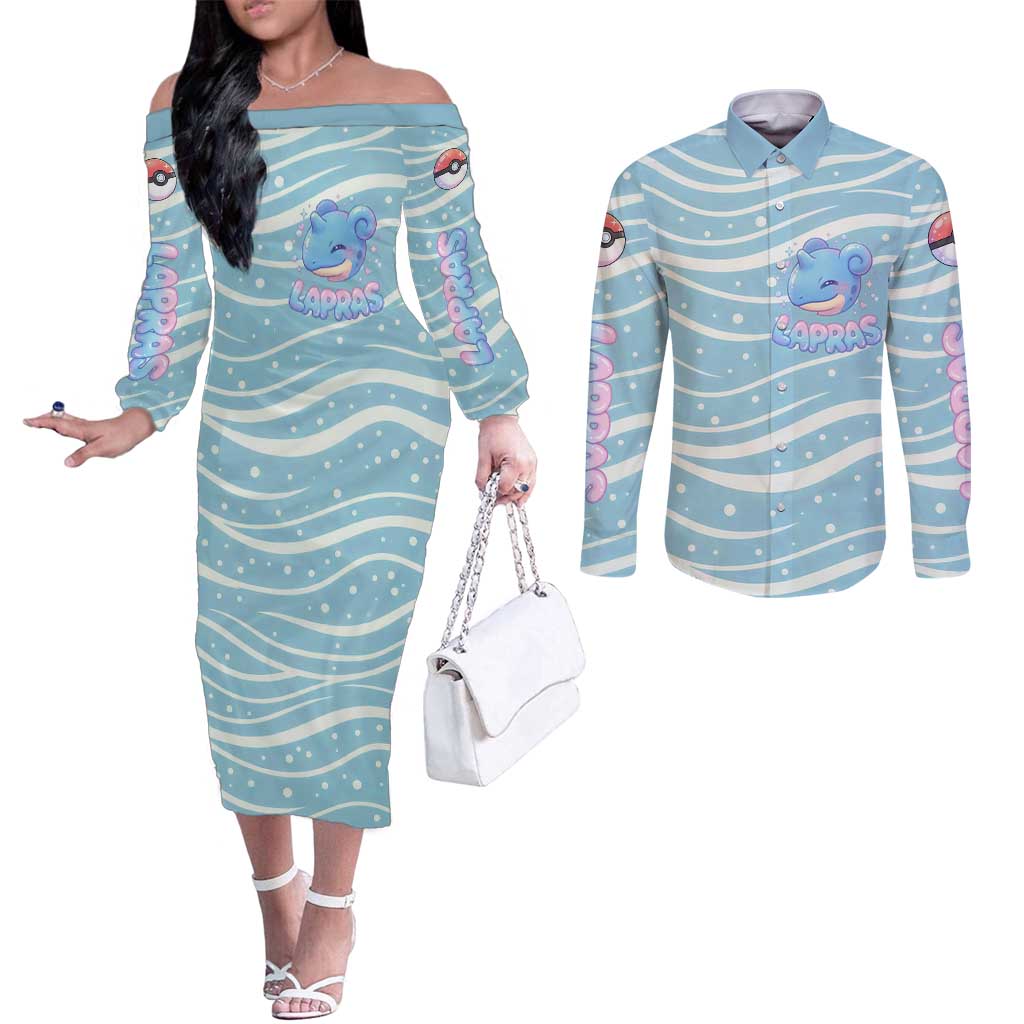 Lapras Couples Matching Off The Shoulder Long Sleeve Dress and Long Sleeve Button Shirt Pastel Ocean Waves Kawaii Art