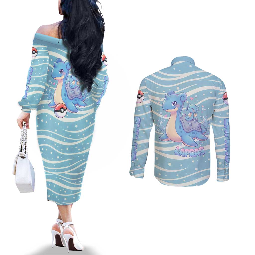 Lapras Couples Matching Off The Shoulder Long Sleeve Dress and Long Sleeve Button Shirt Pastel Ocean Waves Kawaii Art