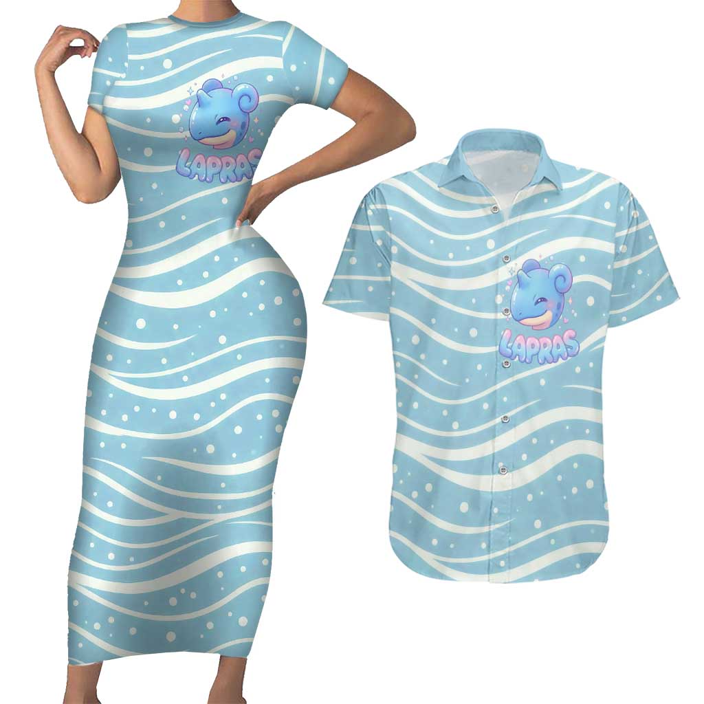 Lapras Couples Matching Short Sleeve Bodycon Dress and Hawaiian Shirt Pastel Ocean Waves Kawaii Art