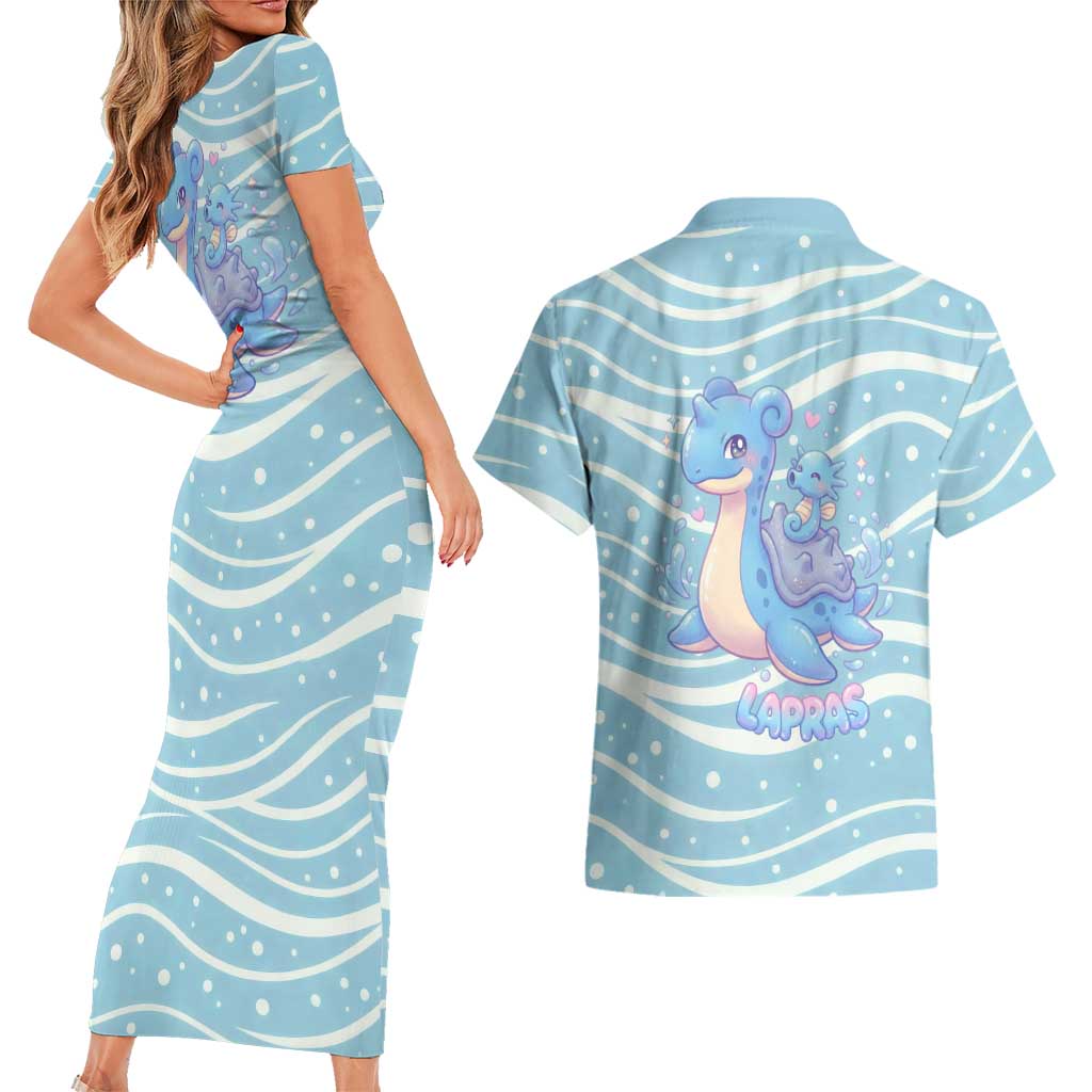 Lapras Couples Matching Short Sleeve Bodycon Dress and Hawaiian Shirt Pastel Ocean Waves Kawaii Art