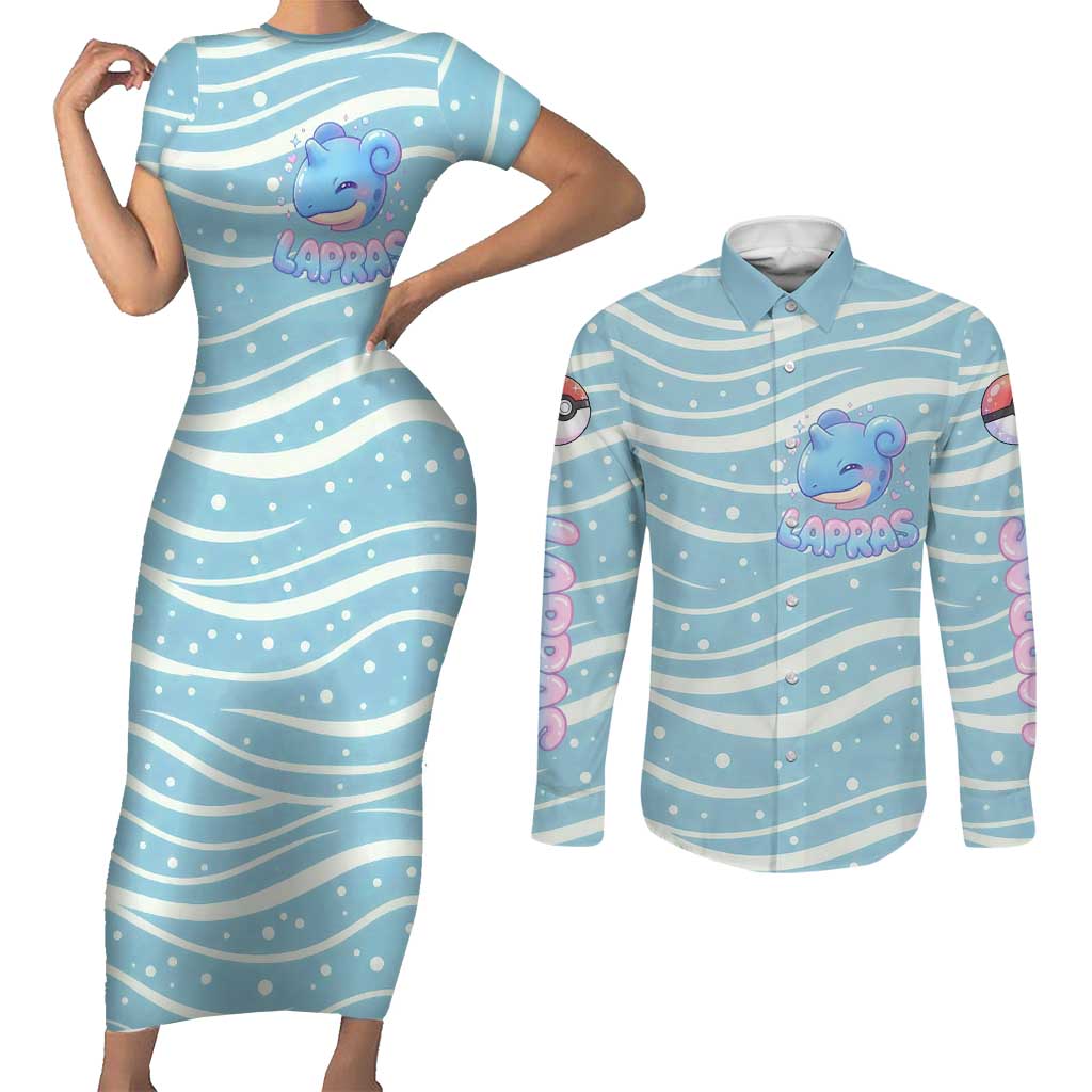Lapras Couples Matching Short Sleeve Bodycon Dress and Long Sleeve Button Shirt Pastel Ocean Waves Kawaii Art
