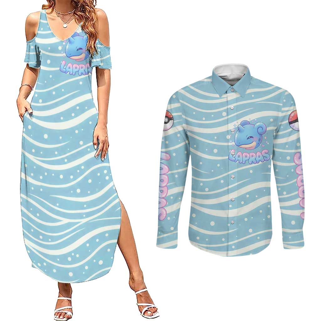Lapras Couples Matching Summer Maxi Dress and Long Sleeve Button Shirt Pastel Ocean Waves Kawaii Art