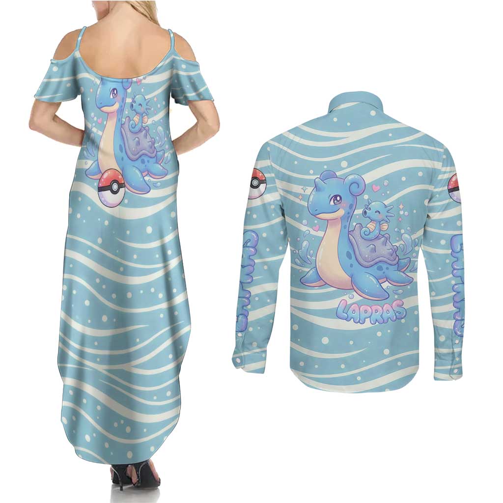 Lapras Couples Matching Summer Maxi Dress and Long Sleeve Button Shirt Pastel Ocean Waves Kawaii Art
