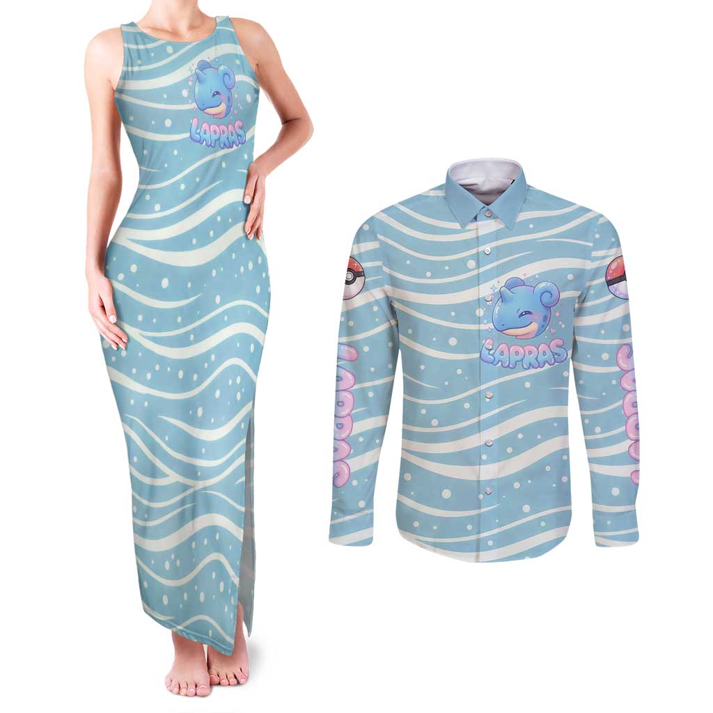 Lapras Couples Matching Tank Maxi Dress and Long Sleeve Button Shirt Pastel Ocean Waves Kawaii Art